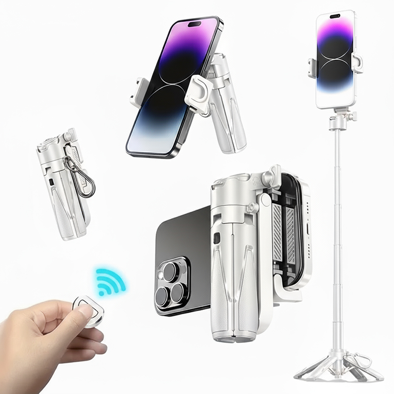 3-in-1 ポータブル電話マウント、取り外し可能なワイヤレスリモート USB 充電サポート、風景、ポートレート撮影、自撮り棒三脚付き