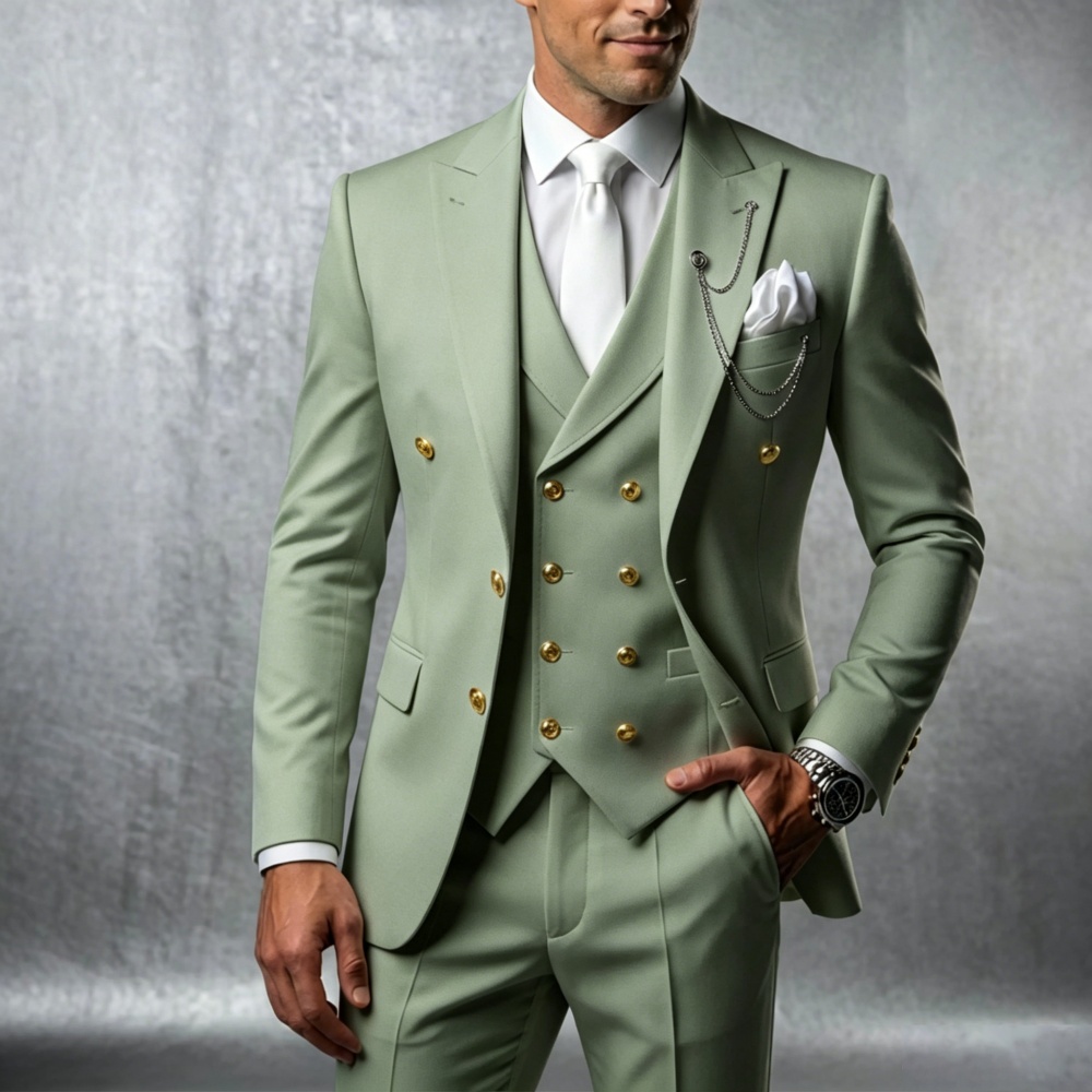 Double Breasted 3 Pieces Groom Suit for Men Wedding Tuxedo with Gold Buttons Slim Fit Blazer Vest Pants Party