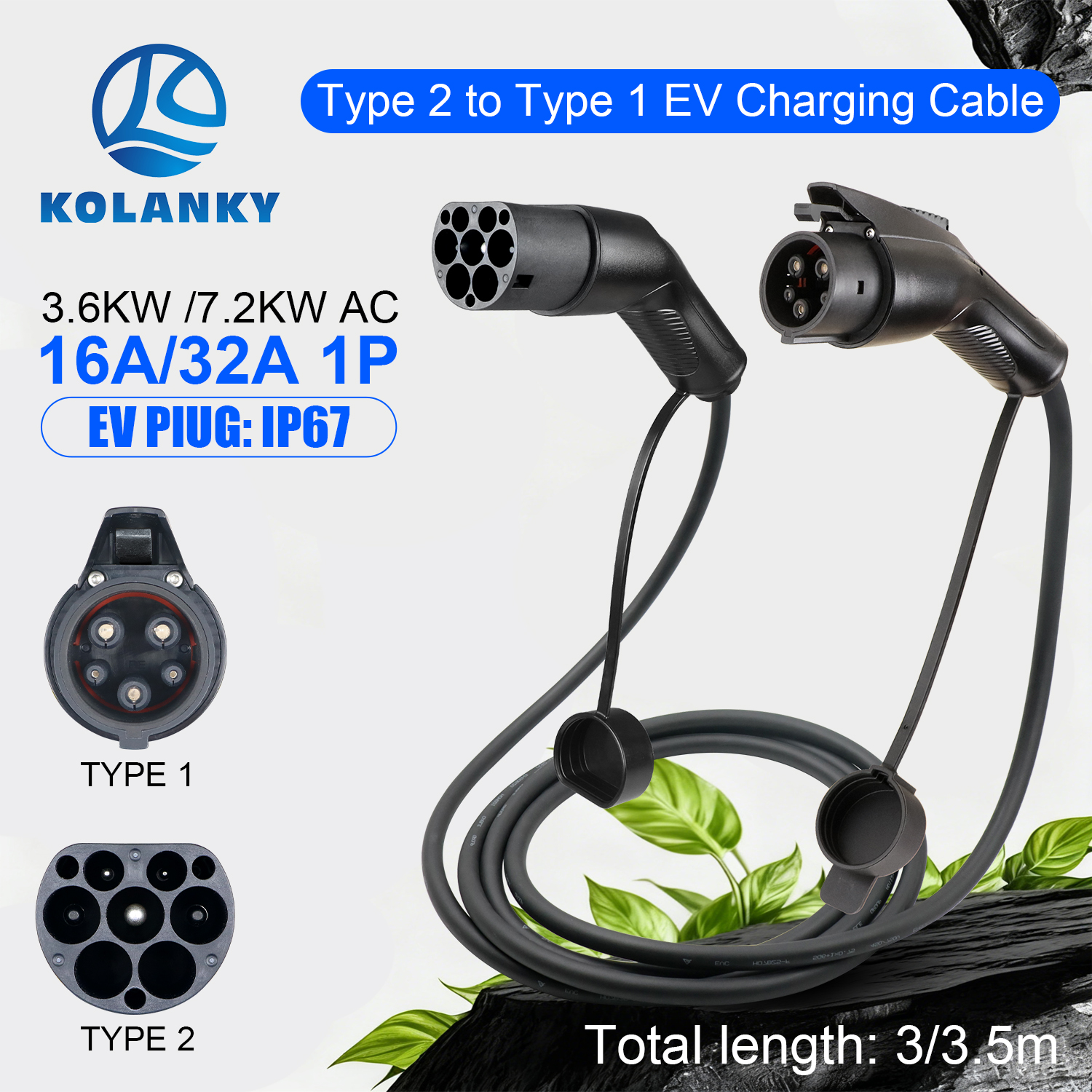 ポータブル 32A 7.2KW EV 充電ケーブル Type2 から Type1 EV ハイブリッド PHEV 車全長 3.5/4 メートル公共充電ステーション付き