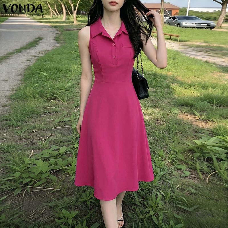 VONDA 夏ノースリーブ女性ドレス無地 Vestidos ターンダウン襟 A ラインカジュアルサンドレスストリート OL パーティードレス