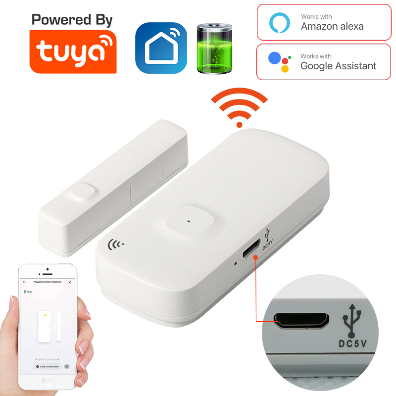 Tuya バッテリー充電ポート付きドアセンサー ワイヤレス 磁気窓検出器 マグネットスイッチオープンアラーム スマートライフ AlexaGoogle