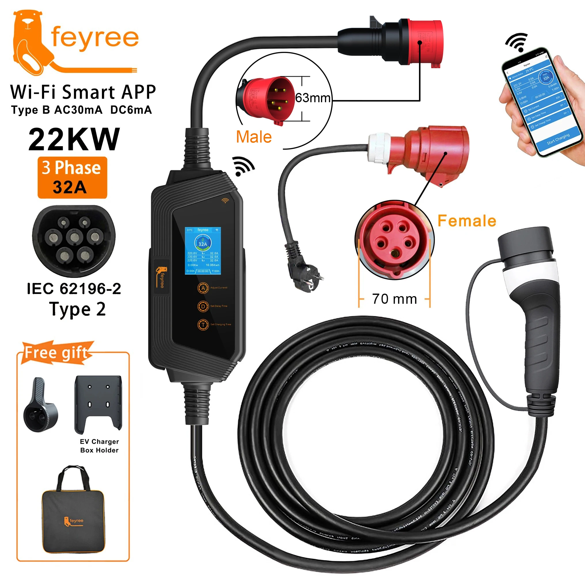Feyree Type2 22KW 32A 3 相 EV 充電器 Wi-Fi APP 制御 EVSE ポータブル充電ボックス充電ステーション電気自動車充電器用