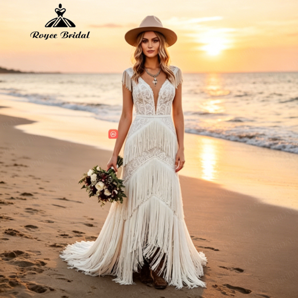RoyceBridal Charming V Neck Trumpet Wedding Dress 2026 Backless Tassel Bridal vestidos de novia свадебное платье Customized