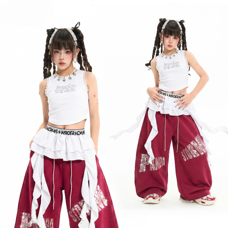 新しい女の子ジャズダンス服ヒップホップ衣装 Kpop 白ベストだぶだぶのパンツクールなストリート着用グループステージパフォーマンスキャットウォーク着用