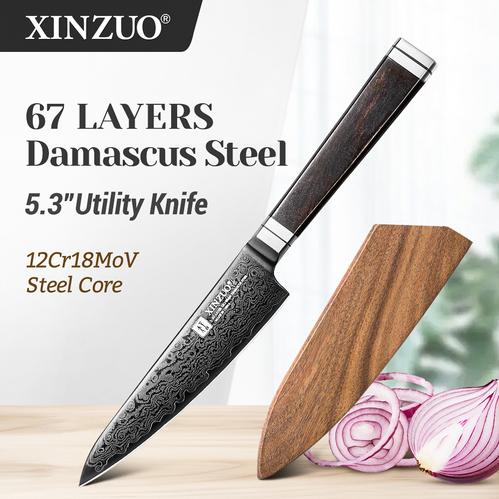 XINZUO 5.3 インチユーティリティナイフカスタム 67 層ダマスカススーパー鋼黒檀木製ハンドル食品スライス耐久性のある包丁