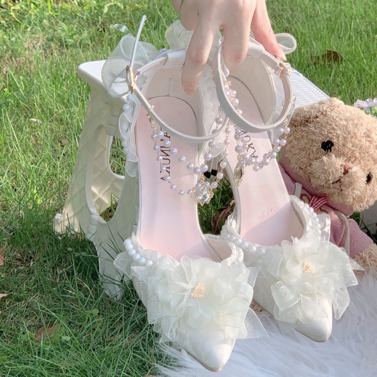 Y2K オリジナル甘いロリータ靴ハイヒール女の子のための弓真珠の花ゴージャスな白の結婚式の靴フェアリースタイルコスプレパンプス