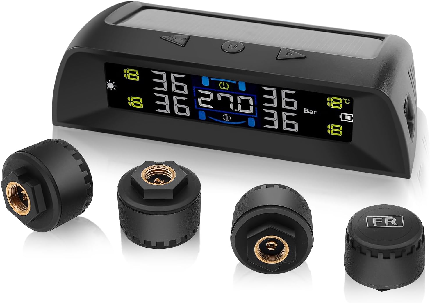タイヤ空気圧監視システム、車内温度監視付き TPMS、ソーラー充電器および USB 充電器、外部タイヤ センサー 4 個