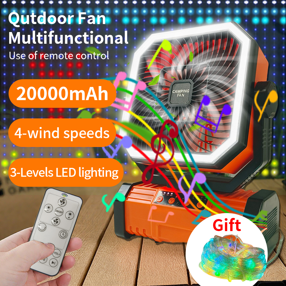 20000mAh バッテリー駆動ファンポータブル充電式デスク/キャンプファン LED ライトとフック付き屋外ファンテント車旅行用