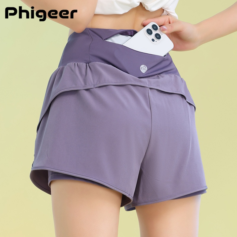 PHIGEER ヨガショーツ 女性用 軽量 ジム サイクリング ワークアウトショーツ ポケット付き 通気性 ランニング スウェットパンツ アスレチックウェア
