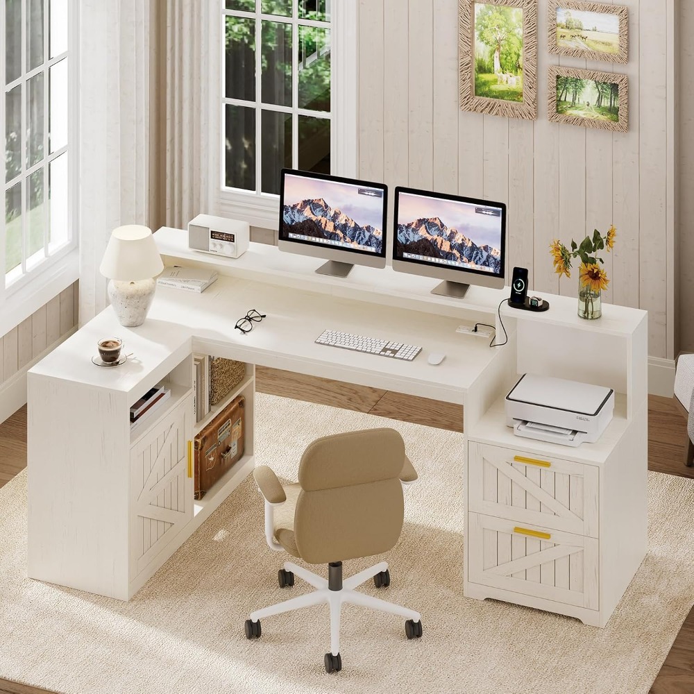 62.2" Farmhouse L Shaped Home Office Desk, Drawers, Storage Shelves & Power Outlet, Custom