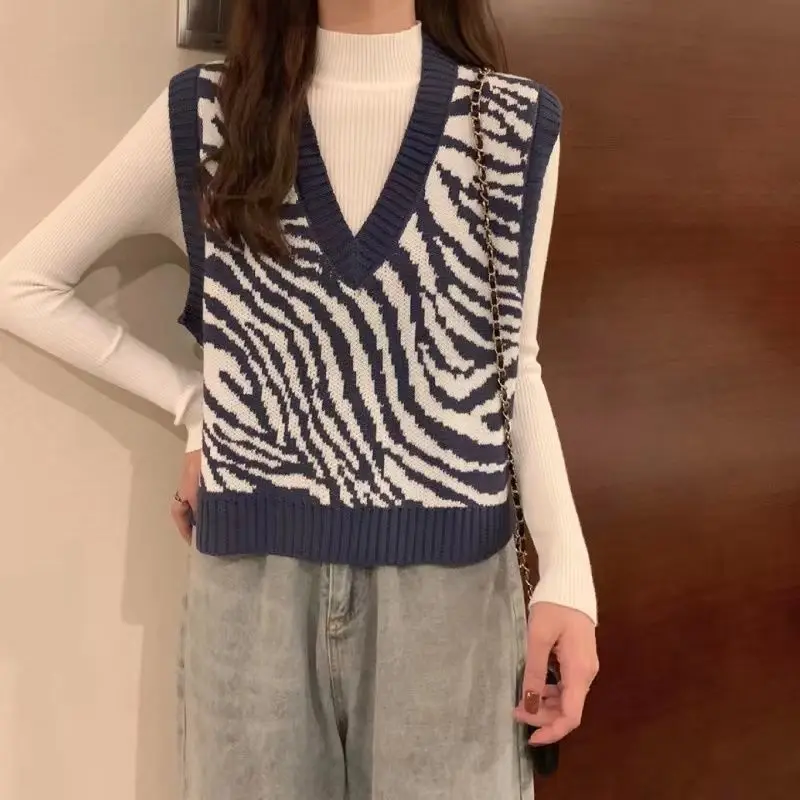 女性のゼブラプリントニットベストノースリーブセーター V ネックファッション上着ルーズチョッキ春秋冬