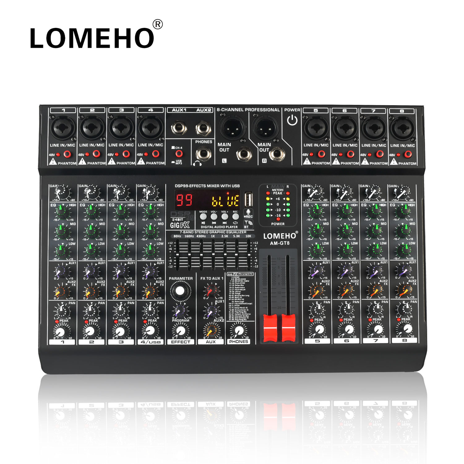 LOMEHO 8 チャンネルミキシングコンソール 99 DSP エフェクト 7 バンド EQ 2 AUX 出力 48V オーディオサウンドミキサー USB Bluetooth Dj ミックステーブル AM-GT8
