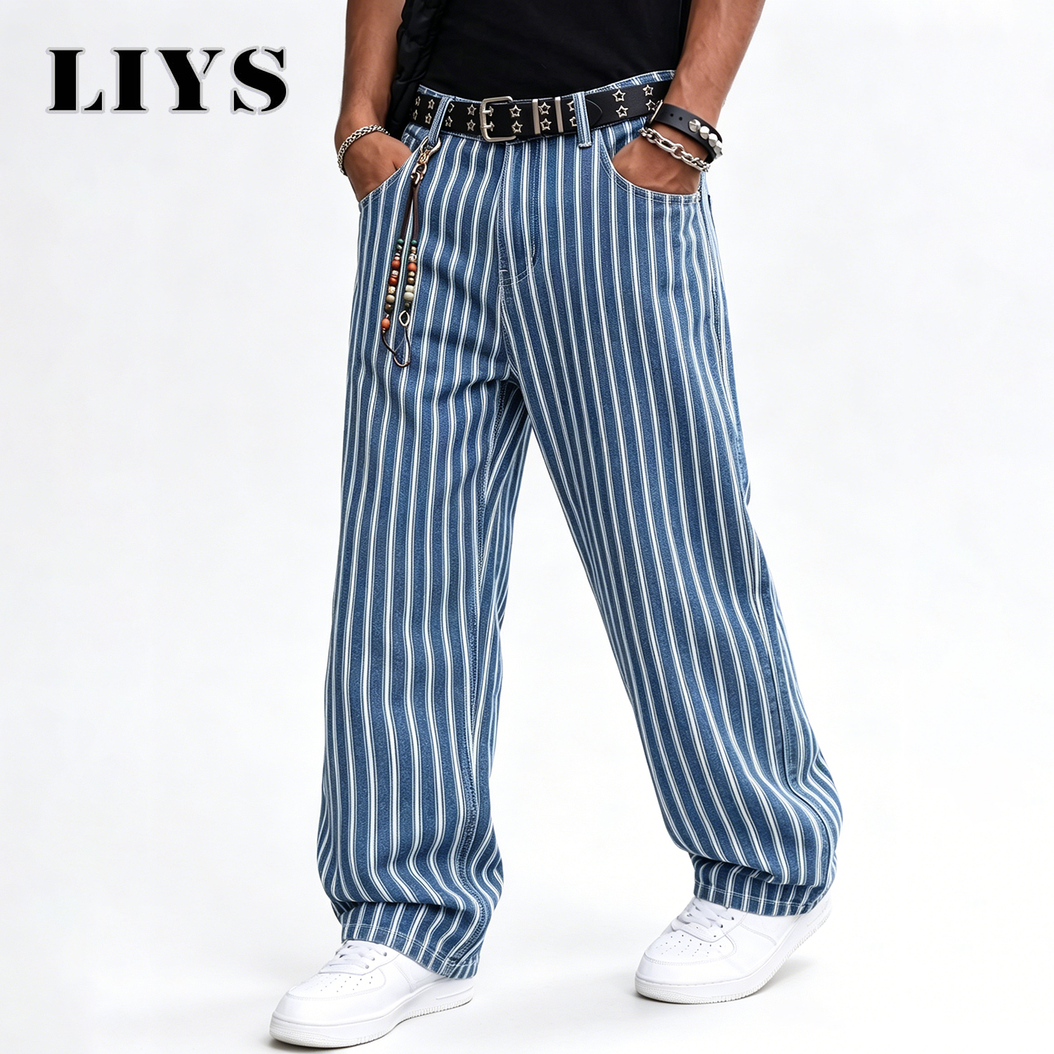 LIYS メンズ ブルー ホワイト ストライプ ジャカード ストレートレッグ ジーンズ だぶだぶ カジュアル パンツ 仕事やレジャーに最適 伸縮性なし