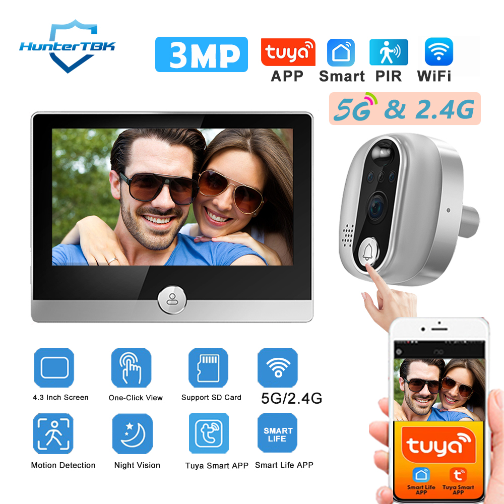 3MP 5Ghz 2.4Ghz WiFi ドアベルのぞき穴カメラ 1080P Tuya スマートライフ 5000mAh PIR モーション検出 IR ビデオドアベルデジタルビューア
