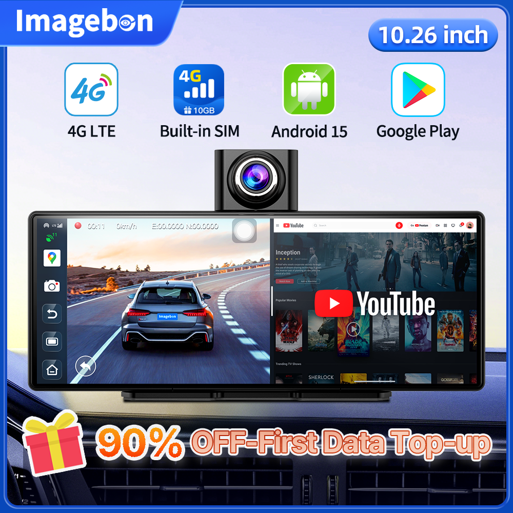 Imagebon M60 10.26インチ 4G LTE Android 15 AI カースクリーン ワイヤレス Carplay Android オートダッシュカム デュアル 1080P レコーダー GPS ナビゲーション