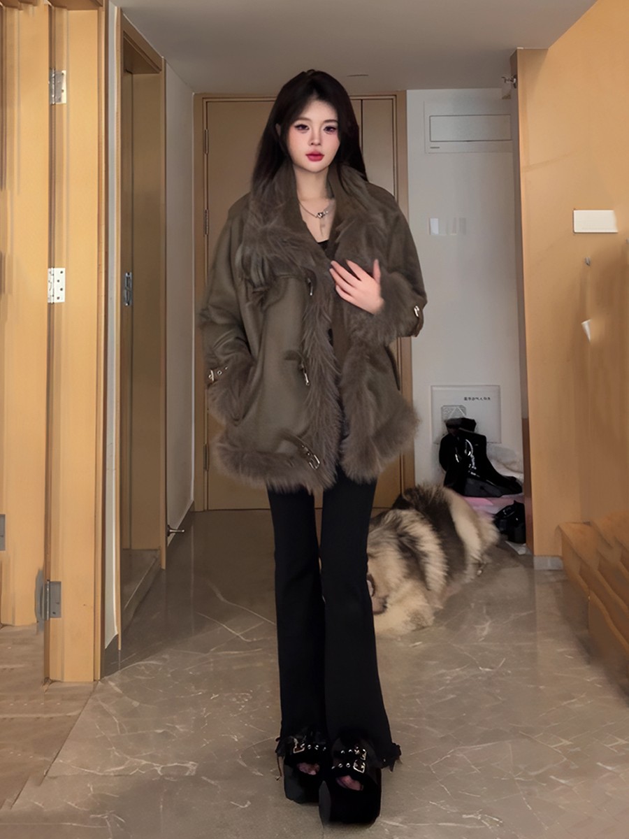 韓国 Sle 女性の Thiened 革と毛皮 Inteated オートバイ ジェット ルーズ アウター 暖かさ ロング Sve ピュア カラー