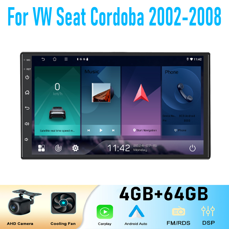 7 "VW シートコルドバ 2002-2008 64 ギガバイトラジオワイヤレス Carplay Adnroid 15 オートヘッド GPS ナビ WIFI カーステレオラジオ Google マップ