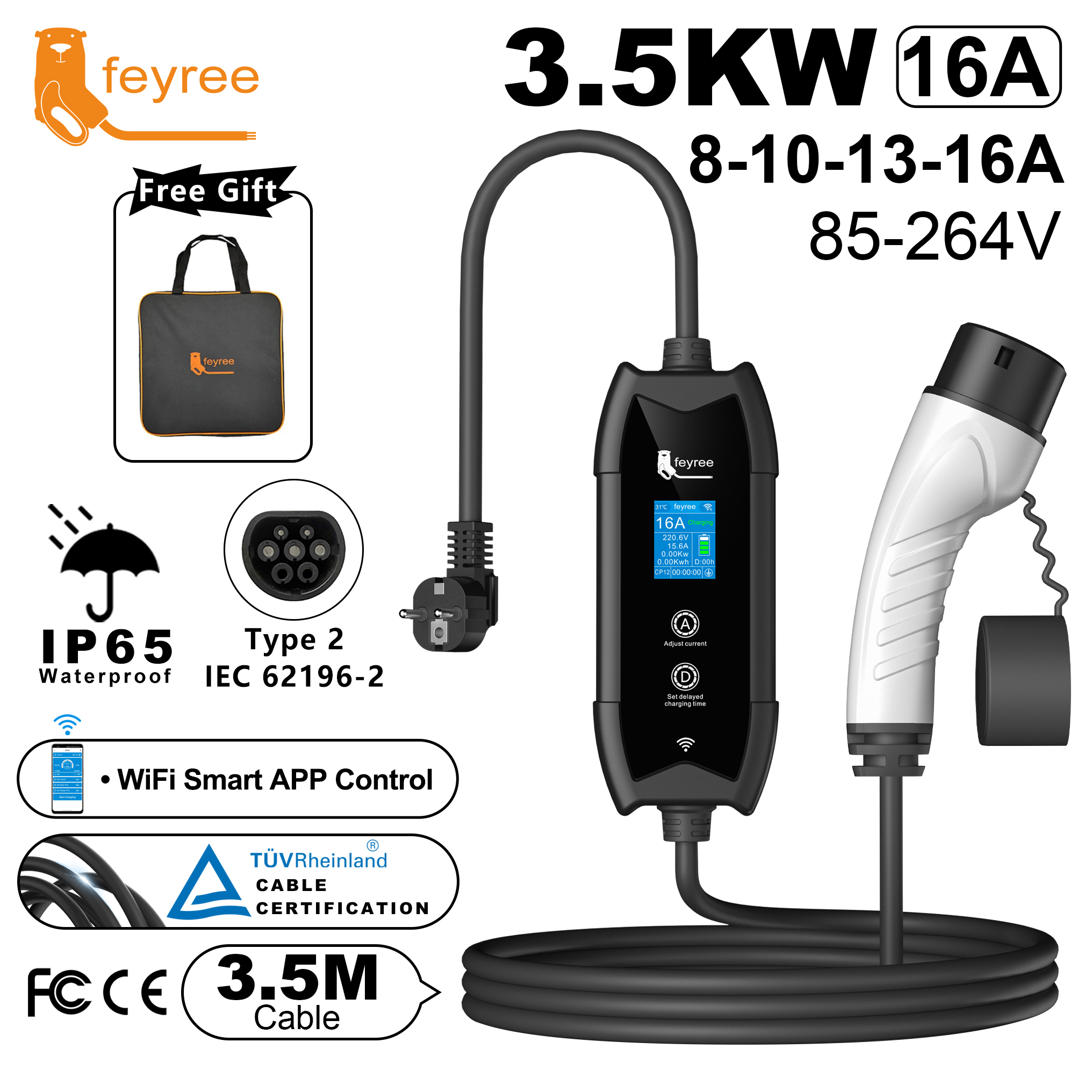 Feyree ポータブル EV 充電器 Type2 IEC62196-2 EVSE 高速充電 3.5 メートルケーブル EVSE ウォールボックス WiFi APP Bluetooth ワイヤレス制御