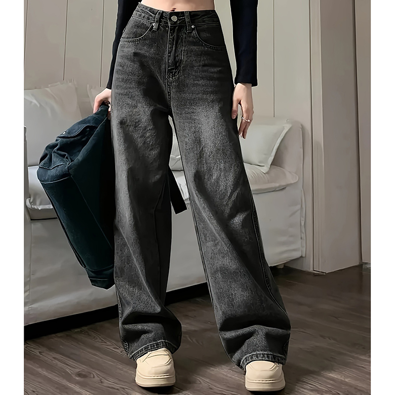 女性のファッションルーズジーンズ女性ハイウエストストリートデザイナーワイドレッグパンツ女性の古典的なグレーゴスストレートレッグパンツ