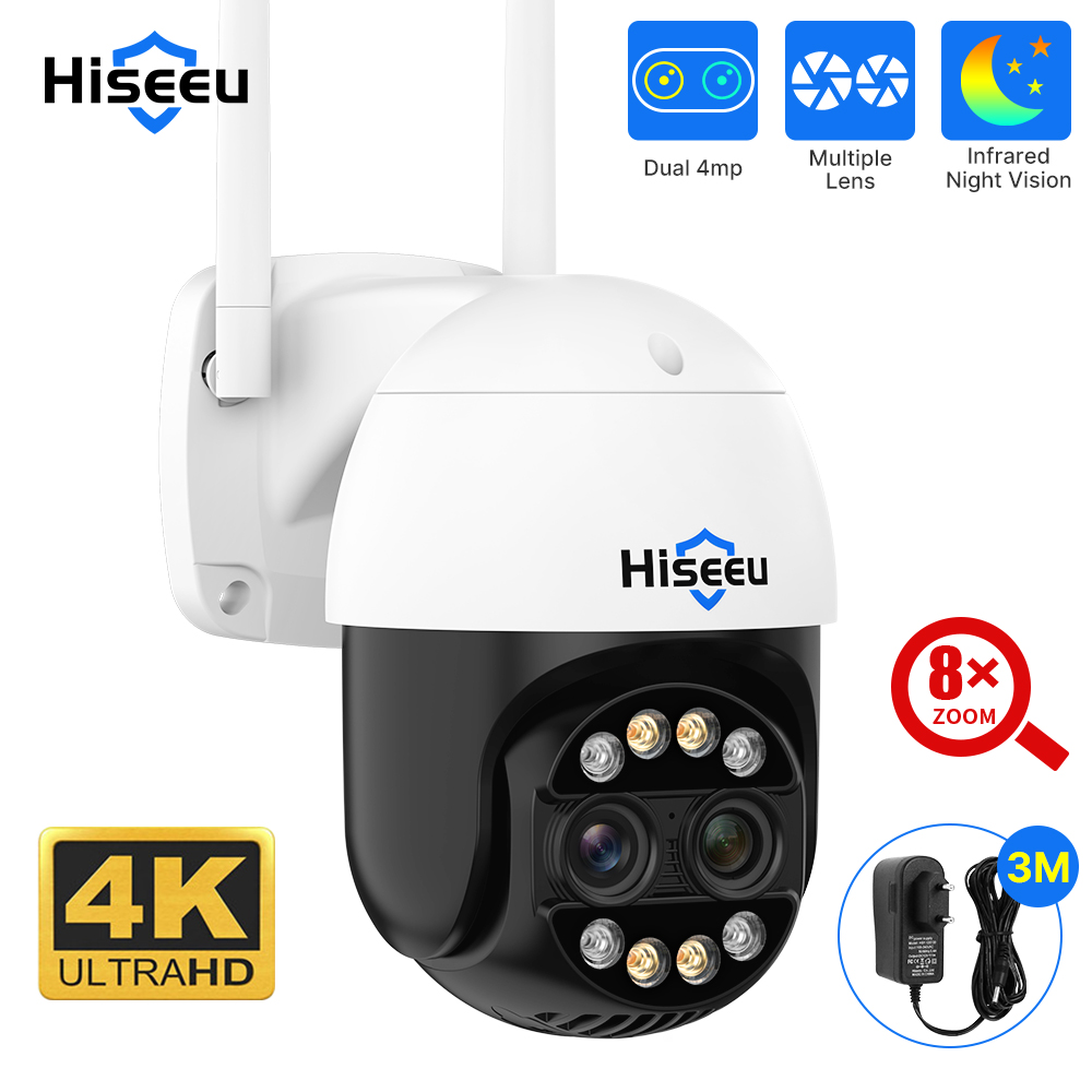 Hiseeu 4K 8MP デュアルレンズ PTZ Wifi IP カメラ 8X ズーム屋外 HD フルカラーナイトビジョン人体検出ビデオ監視カメラ
