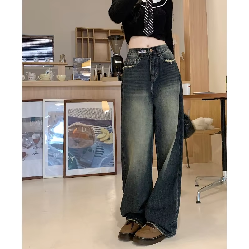 女性の原宿スタイルルーズワイドレッグジーンズ秋冬ストリートファッションレトロストレートルーズデニムパンツ