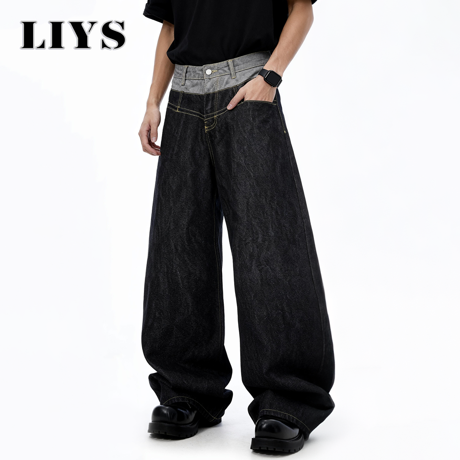 LIYS メンズ レトロ ダブルウエスト デザイン バギー ワイドレッグ ジーンズ ストリート デザイン デニム パンツ ゴシック ルーズ マチェーテ ワイドレッグ ジーンズ ユニセックス