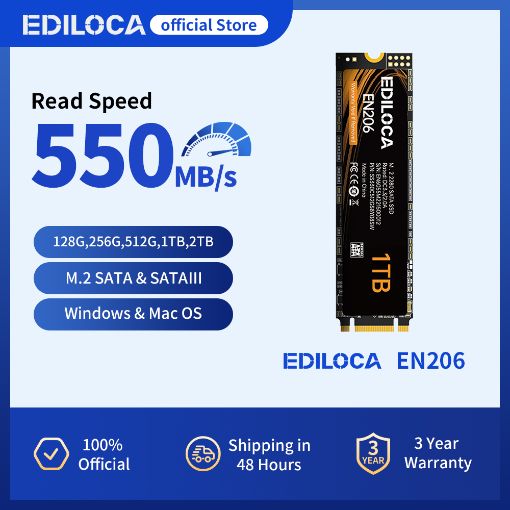 Ediloca EN206 SSD SATA 256GB 512GB 1TB 2TB M.2 SSD 3D NAND TLC 6Gb/s 550MB/s ラップトップ PC デスクトップ用内蔵ソリッドステートドライブ