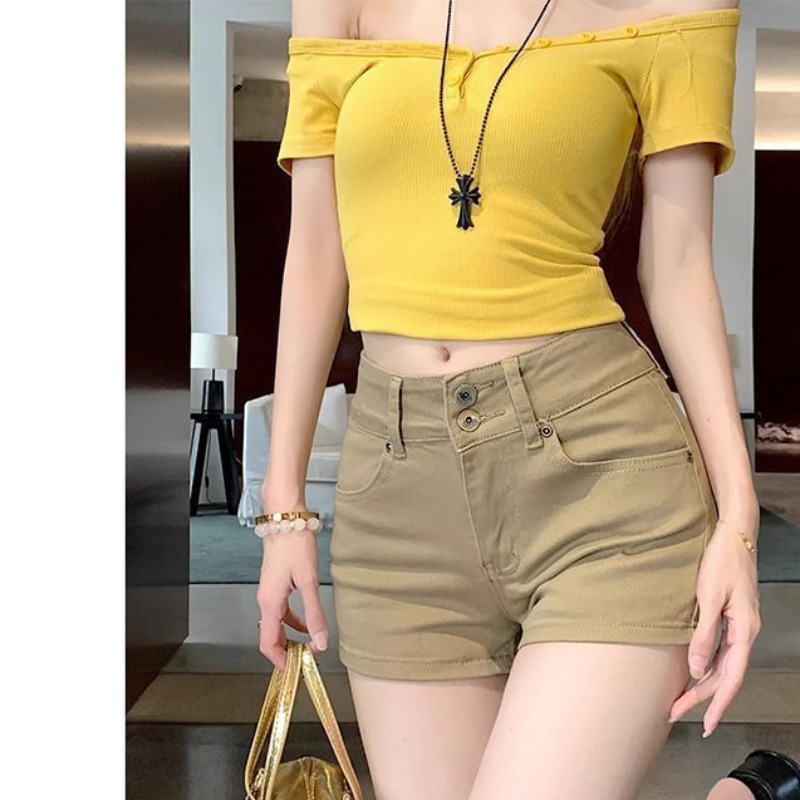 ハイウエスト スリムフィット ストレートレッグ デニム ショートパンツ レディース カジュアル 弾性 怠惰なジーンズ ハイウエスト コットンブレンド 春夏