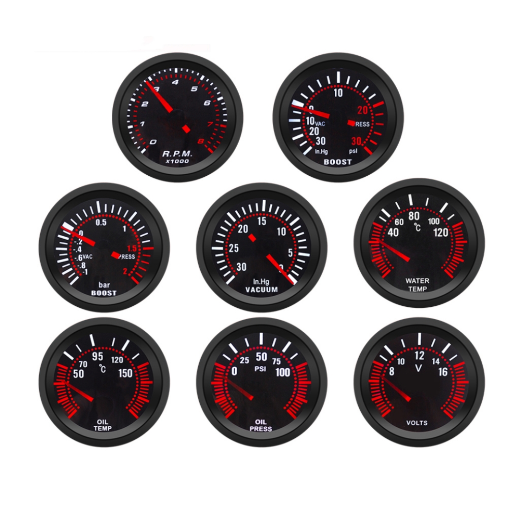 2インチ 52mm タコメーター RPM ブーストゲージ PSI/BAR 真空水温油温油圧電圧計スモークレンズカーゲージ 12V 車に適合