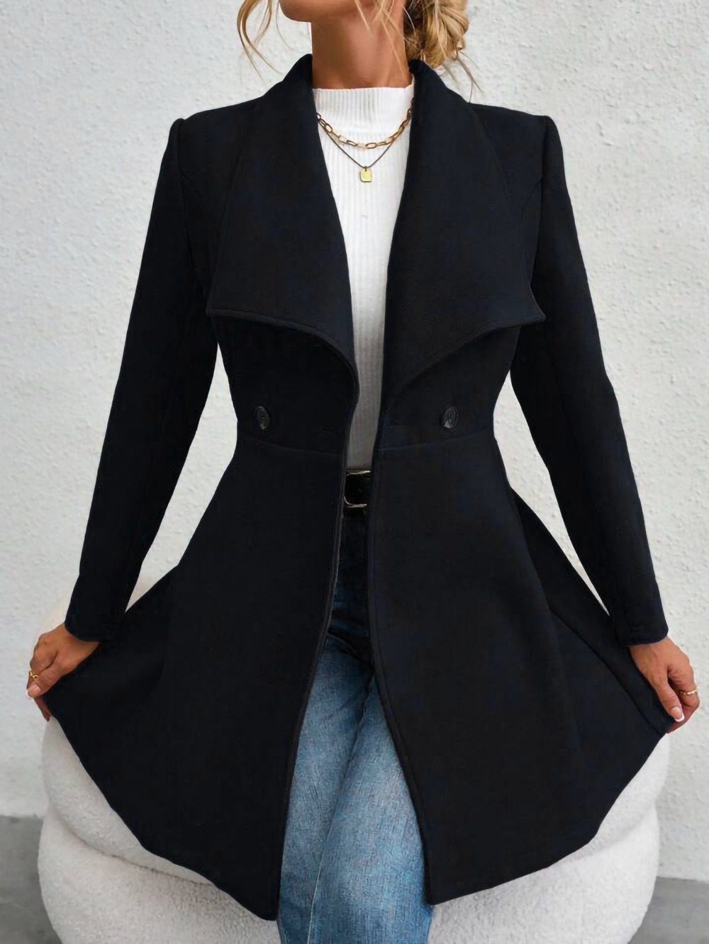 Women's Wool Blend Coat, Fall Winter High Waist A-Line Jacket, Elegant Trench Coat for Work & Dating