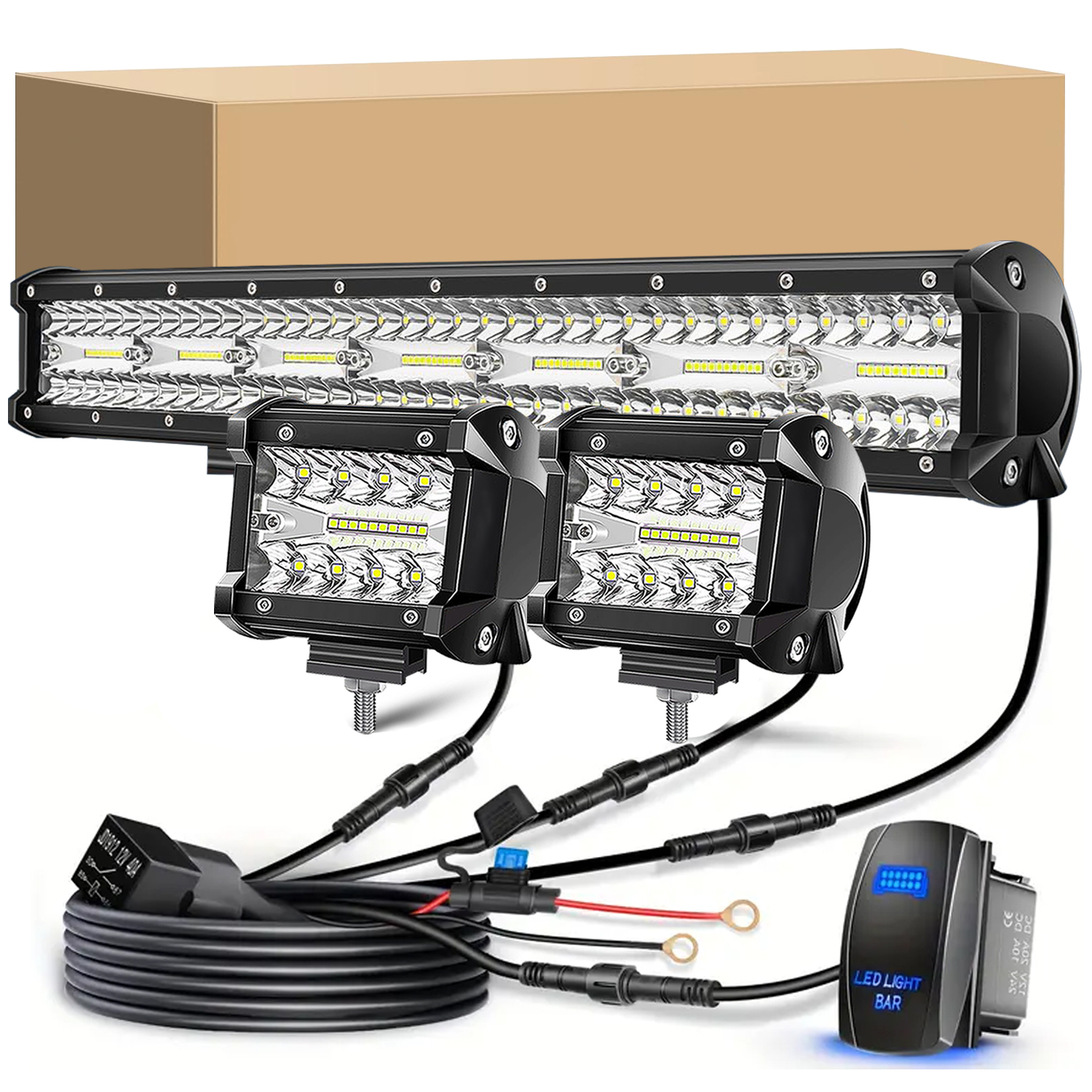 20 インチ LED ライトバーキット 4 インチ LED ワークライトキット、スイッチオン/オフ付き ワイヤリングハーネスキット リレーヒューズ、DC12-24V、トラック SUV ATV 用