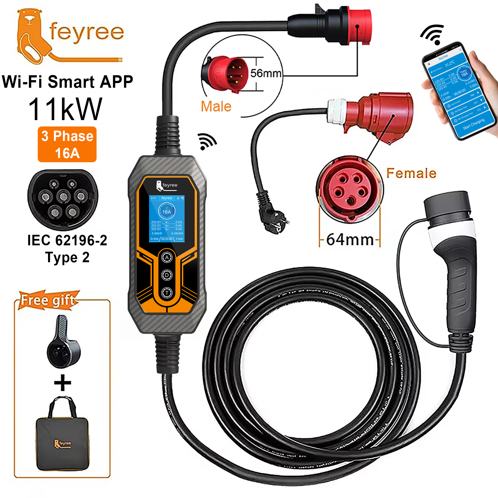 Feyree 11kW Type2 16A 3 相ポータブル EV 充電器 Wi-Fi アプリ Bluetooth バージョン EVSE 充電ケーブル 5 メートル CEE プラグ電気自動車用