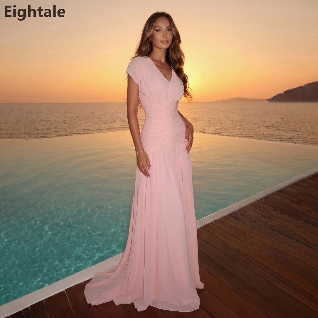 Eightale 2026 ブラッシュピンク V ネックキャップスリーブシフォンイブニングドレスシャーリングウエストドバイ結婚式のゲストフォーマルウエディングドレスカスタマイズ