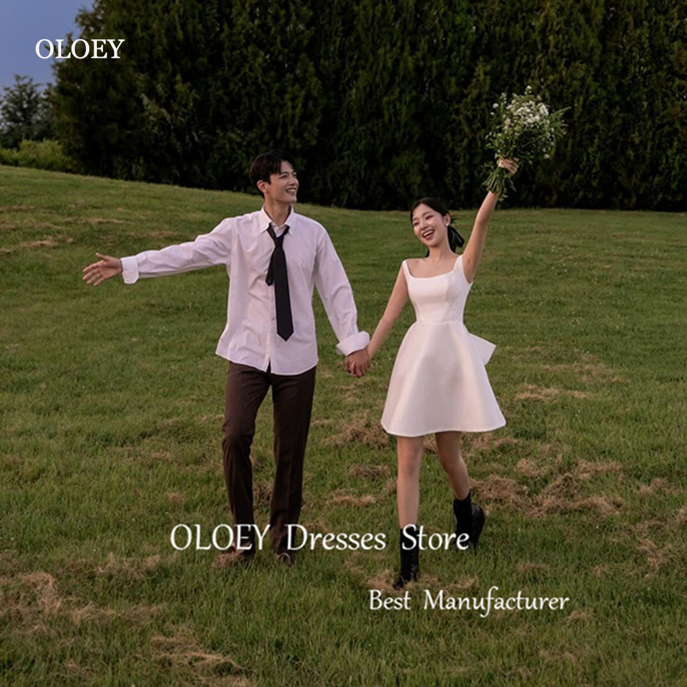 OLOEY シンプルな A ラインショートウェディングドレス韓国写真撮影ワイドストラップリボンバックミニカントリーブライダルドレスカスタマイズされたパーティードレス