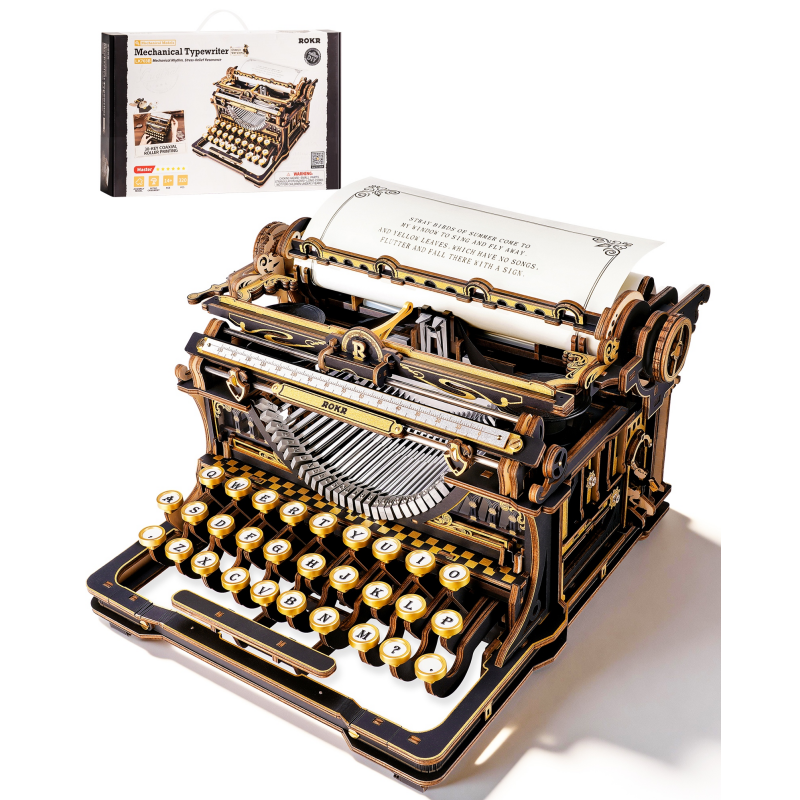 ROKR 3D 木製タイプライターパズル – ブラックとゴールドの機械モデルキット、DIY おもちゃ、ヴィンテージ装飾、大人向けグッズギフト