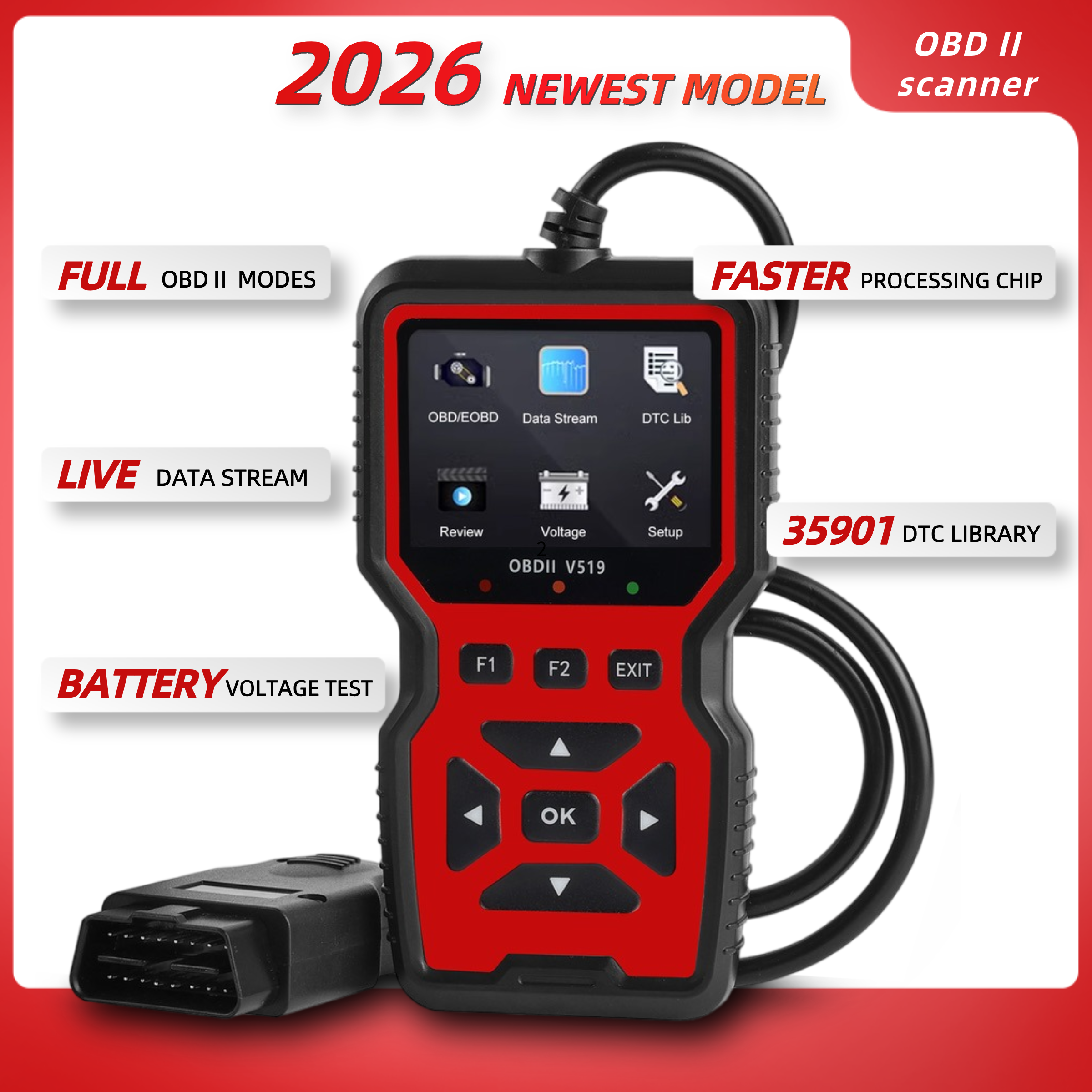 V519 車診断スキャナーツール自動車用 OBD2 スキャナー エンジン健康チェック用 カラースクリーン付き