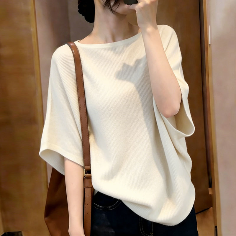 ニットニットセーター女性プルオーバー半袖ニットセータープルオーバー女性トップス新夏 O ネックセーター Feminino Q3733