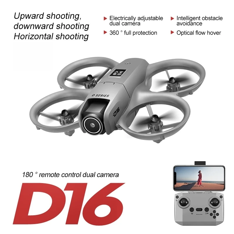 D16 初心者向けドローン、1080P HD デュアルカメラ、360° 保護、ワンキー離陸、飛行高度 50 m、速度 5 m/s、最大離陸重量 140 g、ヘッドレスモード