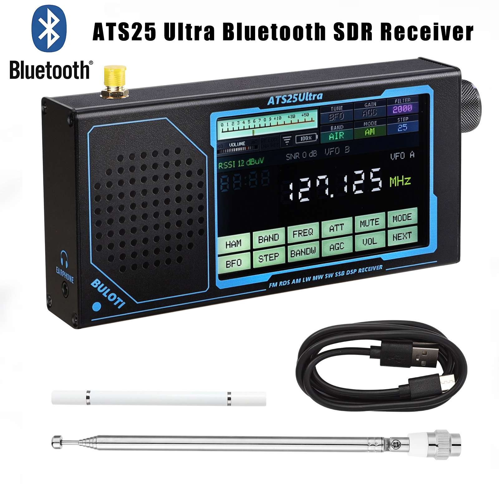 HamRadio 118Mhz-135.975Mhz SDR レシーバー ATS25 Ultra Bluetooth FM SW SSB MW LW AIR SDR 航空バンドレシーバーサポート WiFi