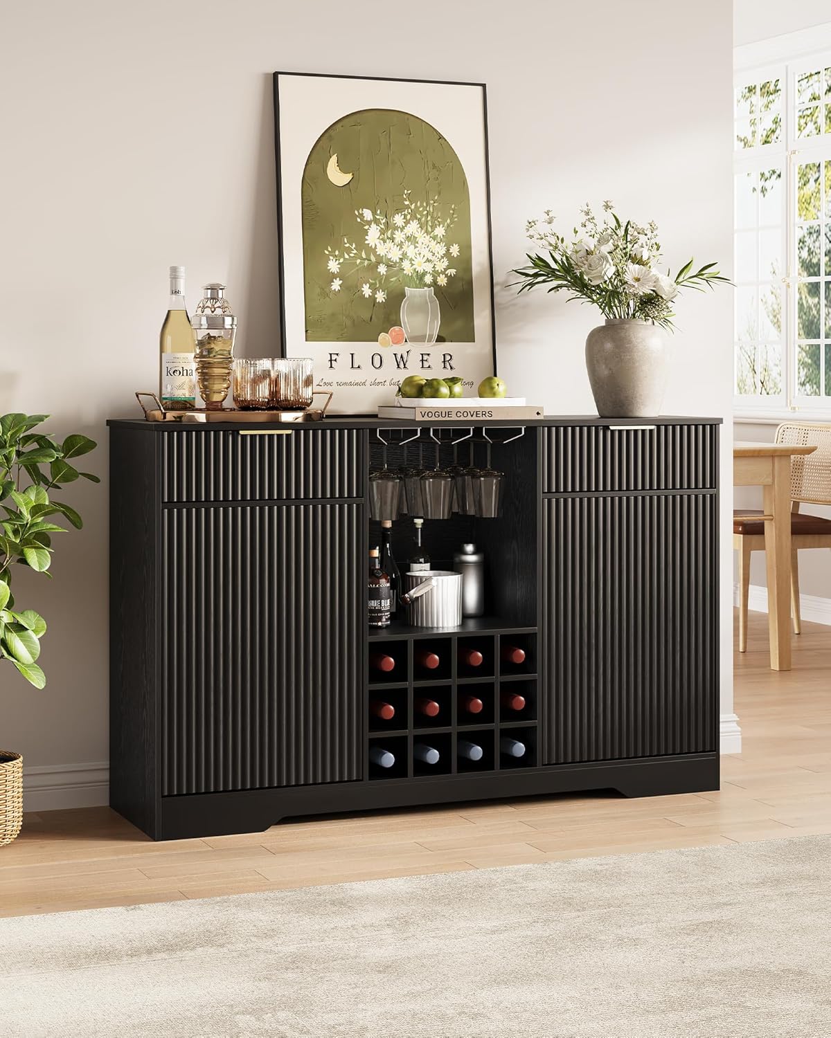 55インチ フルーテッド ワインバー キャビネット - 家庭用コーヒーバー キャビネット 収納付き、2ドア