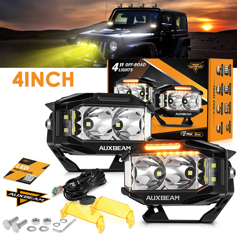 AUXBEAM V-MAX シリーズ 4 インチ 72W 6960LM コンボビームサイドシューター LED 長方形ポッドライト、アンバー DRL 作業灯付き