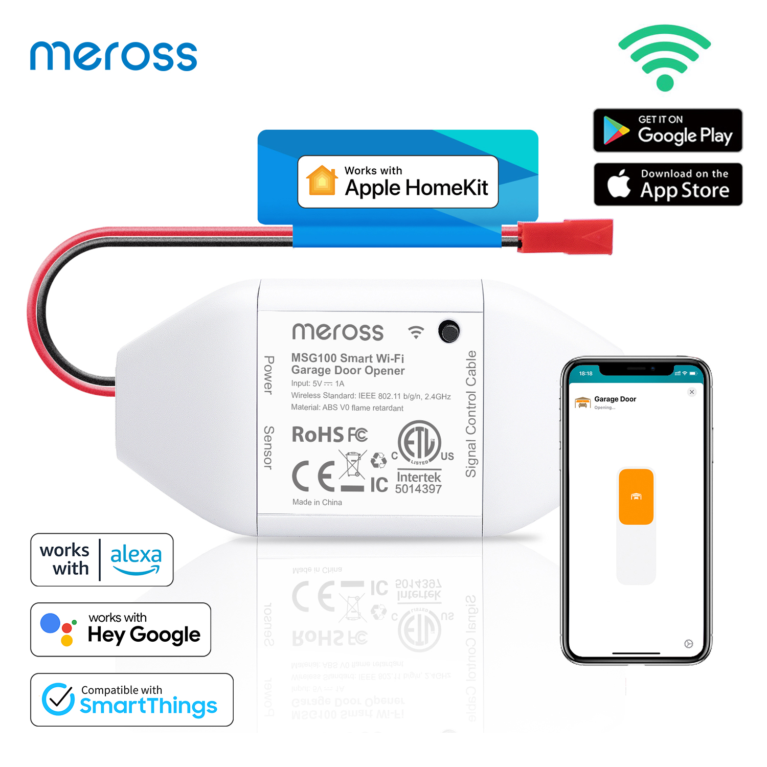 Meross HomeKit スマート WiFi ガレージドア オープナー、Apple HomeKit、Siri、CarPlay、Alexa、Google アシスタント、SmartThings と連携