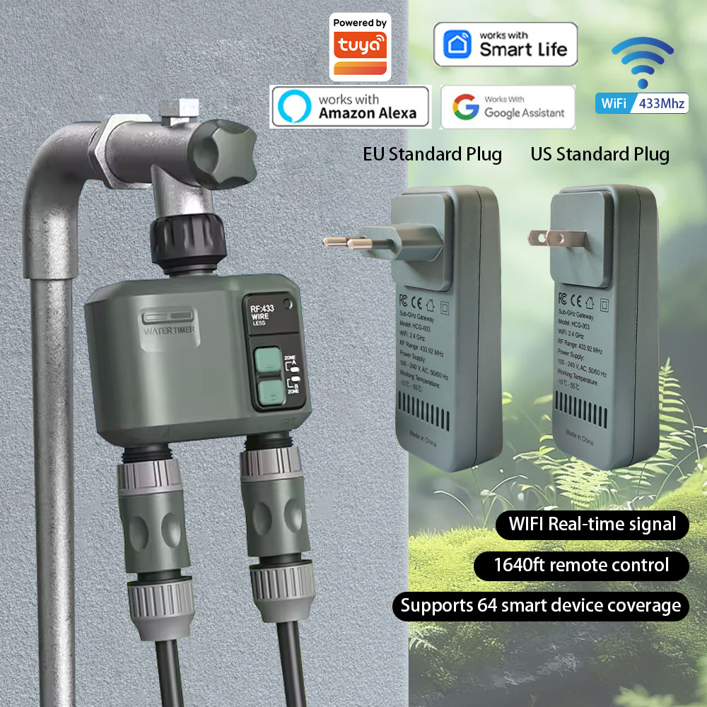 Tuya Wifi RF433 2 コンセントスマートガーデン散水タイマー点滴灌漑コントローラー降雨遅延プログラム可能 tuya で動作します