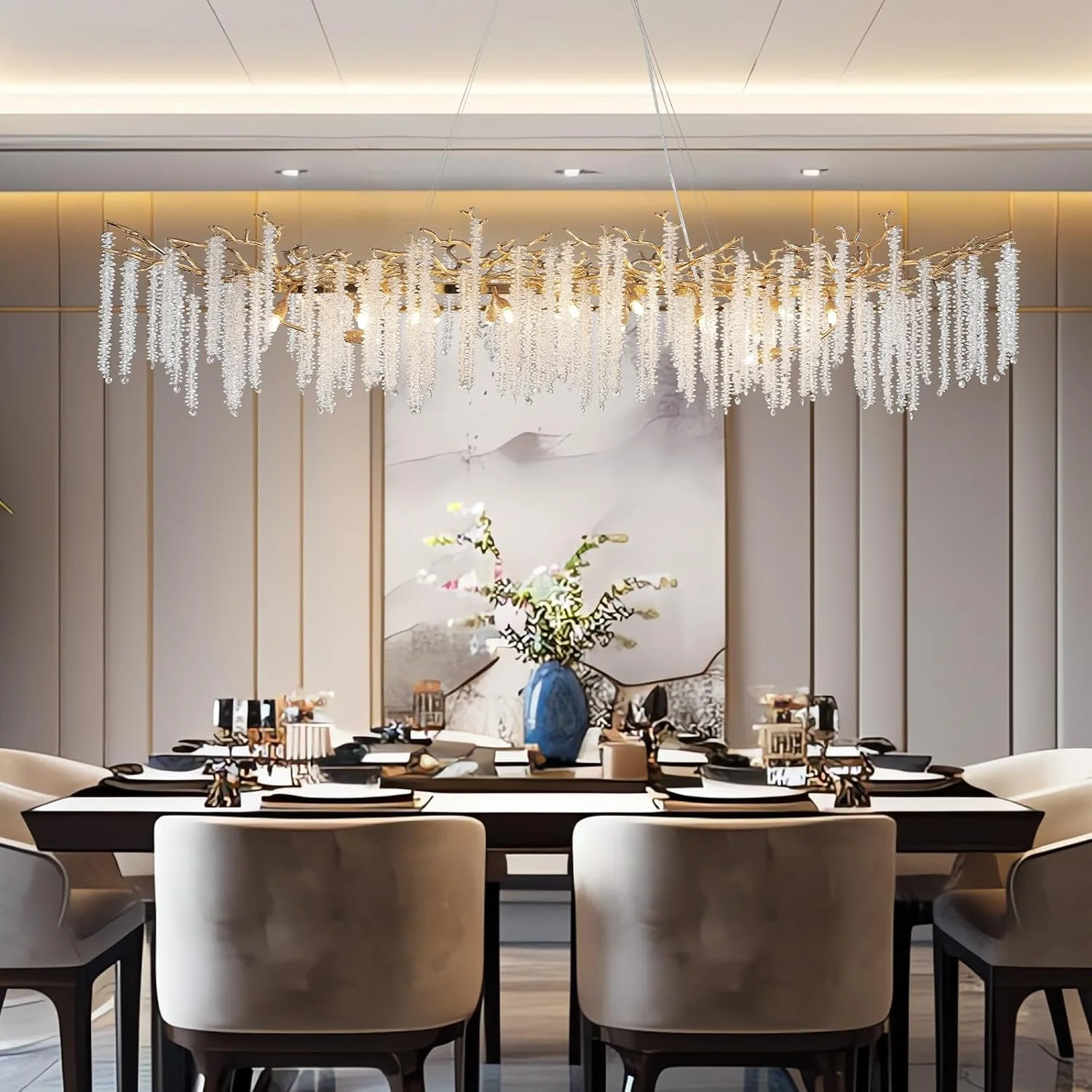Long Gold Crystal Chandelier Light For Kitchen Table Dining Living Room Bedroom Luxury Gold Rectangle Crystal Ceiling Chandelier