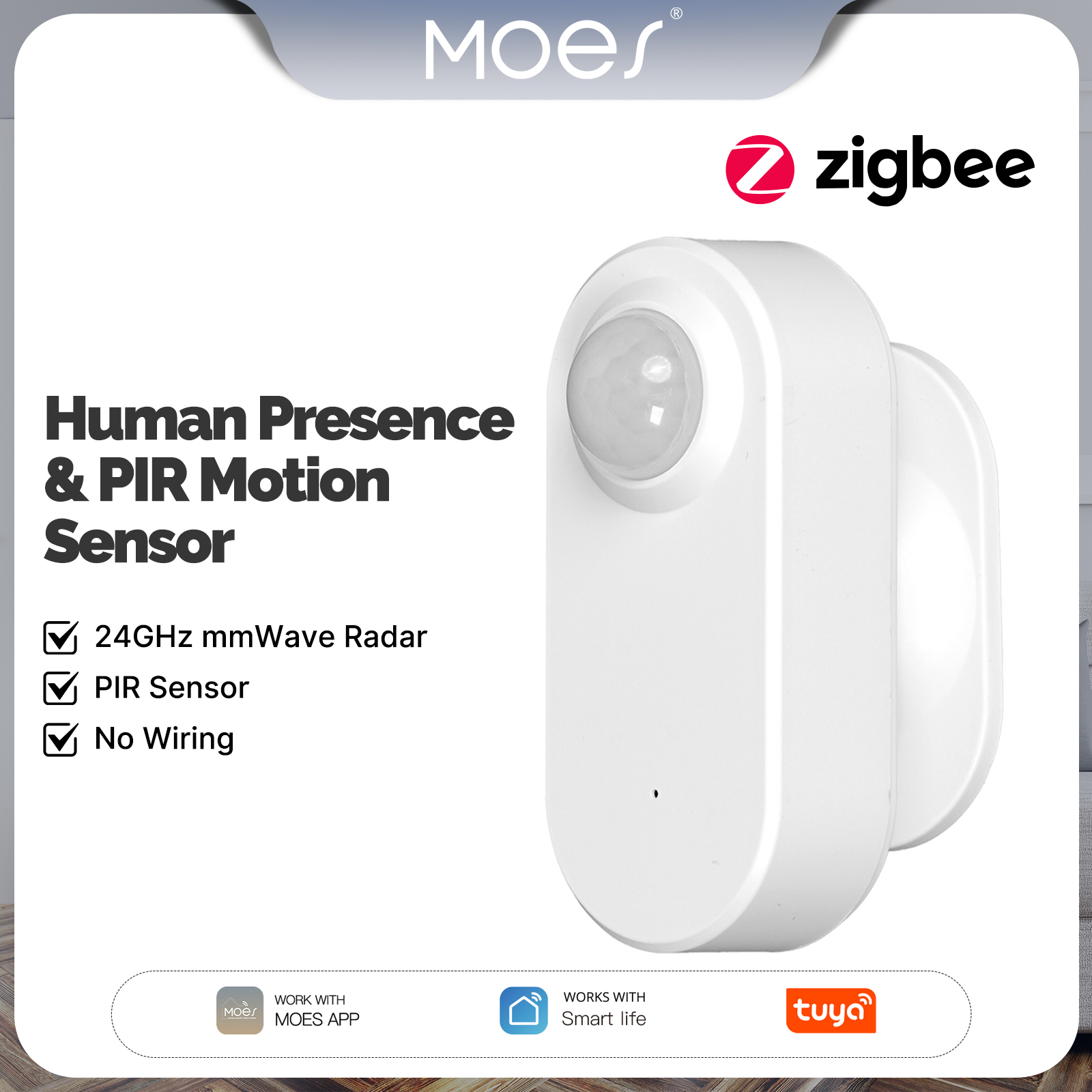 MOES ZigBee 人感 PIR センサースマートレーダー 24GHzmmWave Tuya ワイヤレスアプリリモートモニタリングモーション
