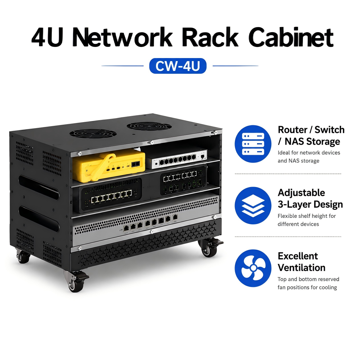 4U デスクトップネットワークラックキャビネット 3 層調整可能な金属サーバーシェルフルータースイッチ NAS ミニ PC PDU ラック