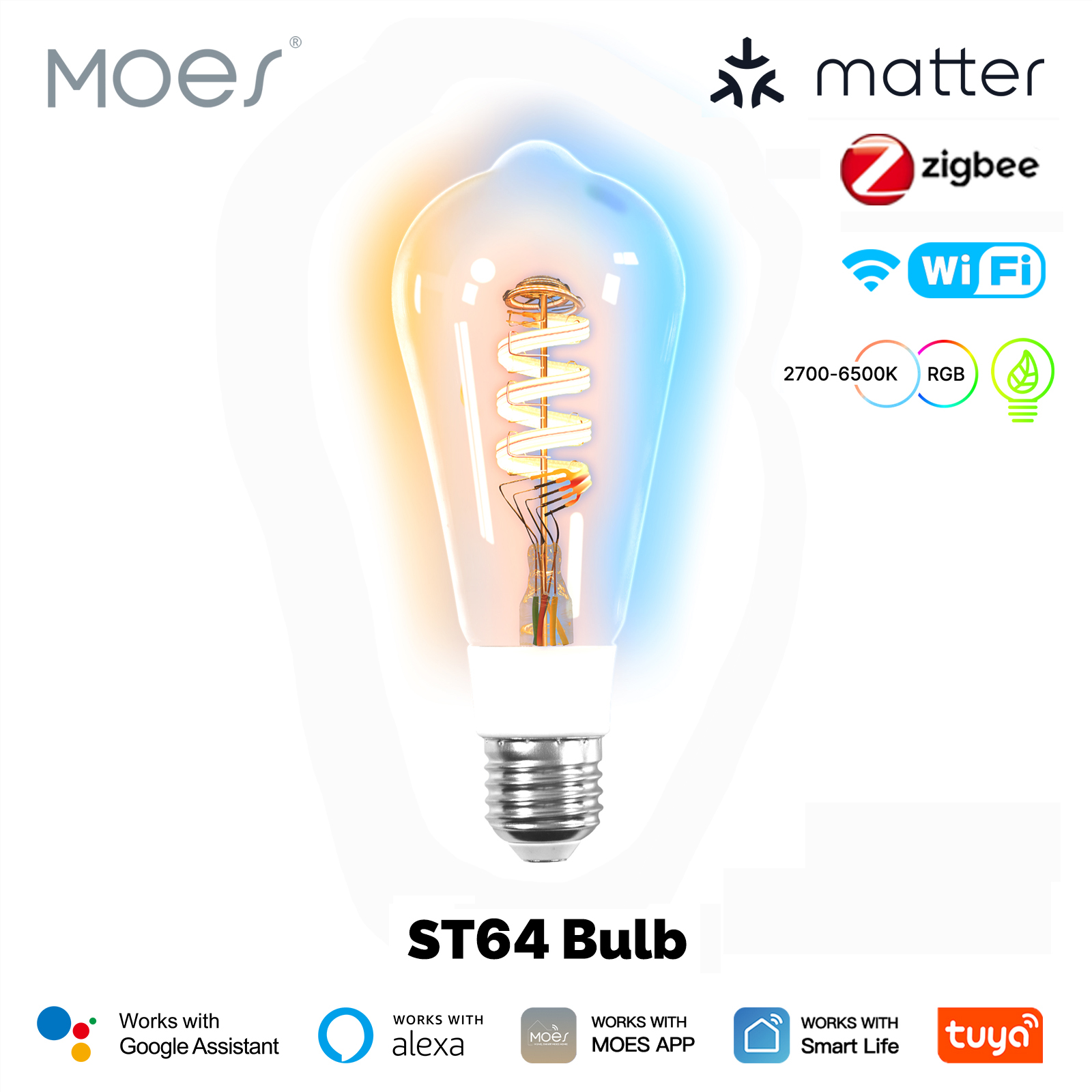 MOES Tuya スマート LED 電球 WiFi/Zigbee/Matter ヴィンテージ エジソン フィラメント 1600 万 RGB 色 調光対応 Alexa Google ホーム