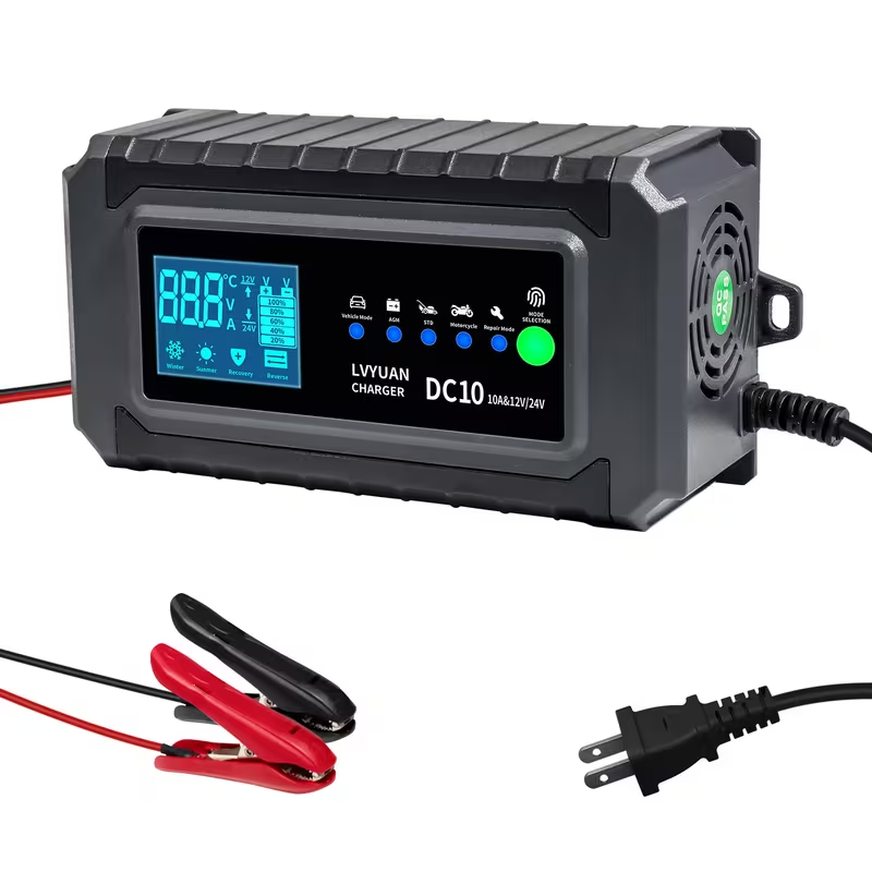10A バッテリー充電器 LCD ディスプレイ付き DC12V 24V 鉛蓄電池用自動車充電器 AGM/GEL/SLA/VRLA US ソケット