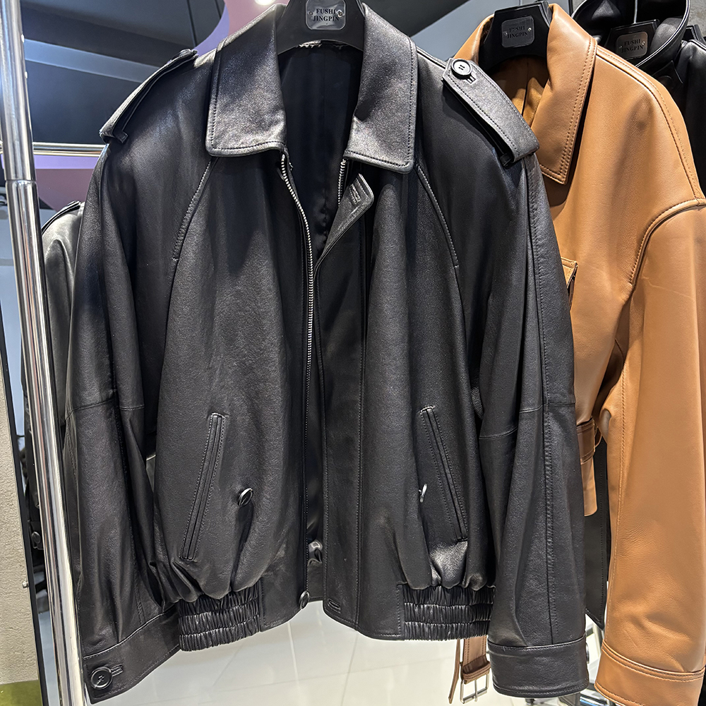 レディース オーバーサイズ ジップアップ ブラック レザー ジャケット エポレット付き 本革 ジャケット コート