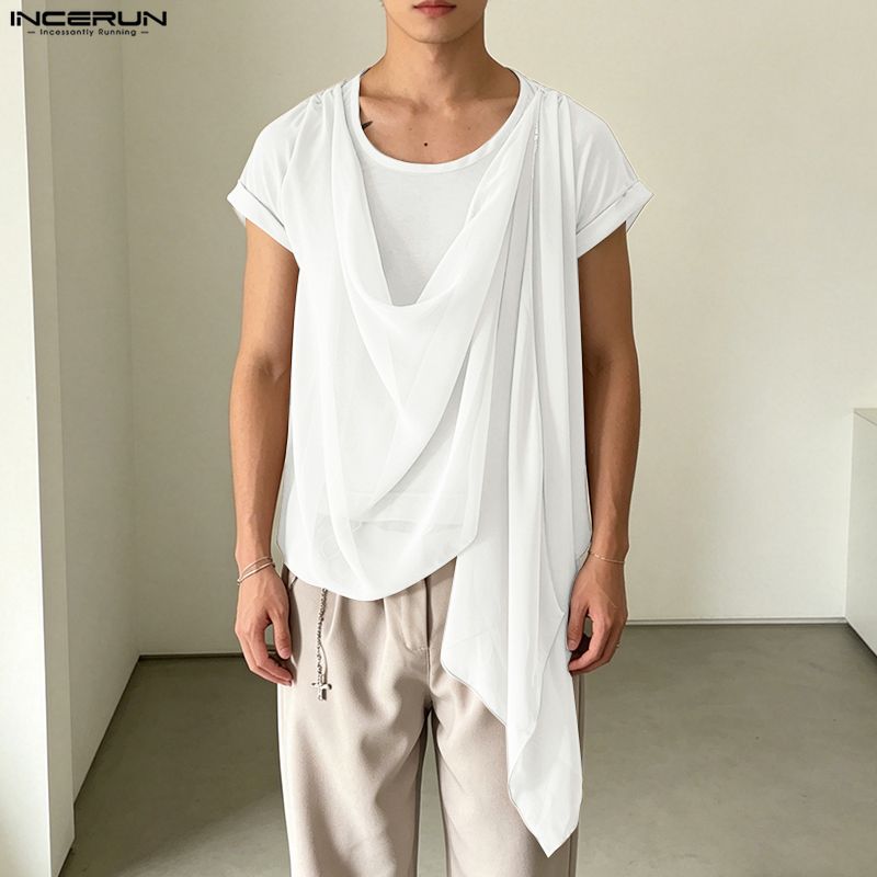 INCERUN メンズ不規則な Tシャツ無地 O ネック半袖男性 Tシャツトップス夏のストリートルーズファッションカジュアル男性服